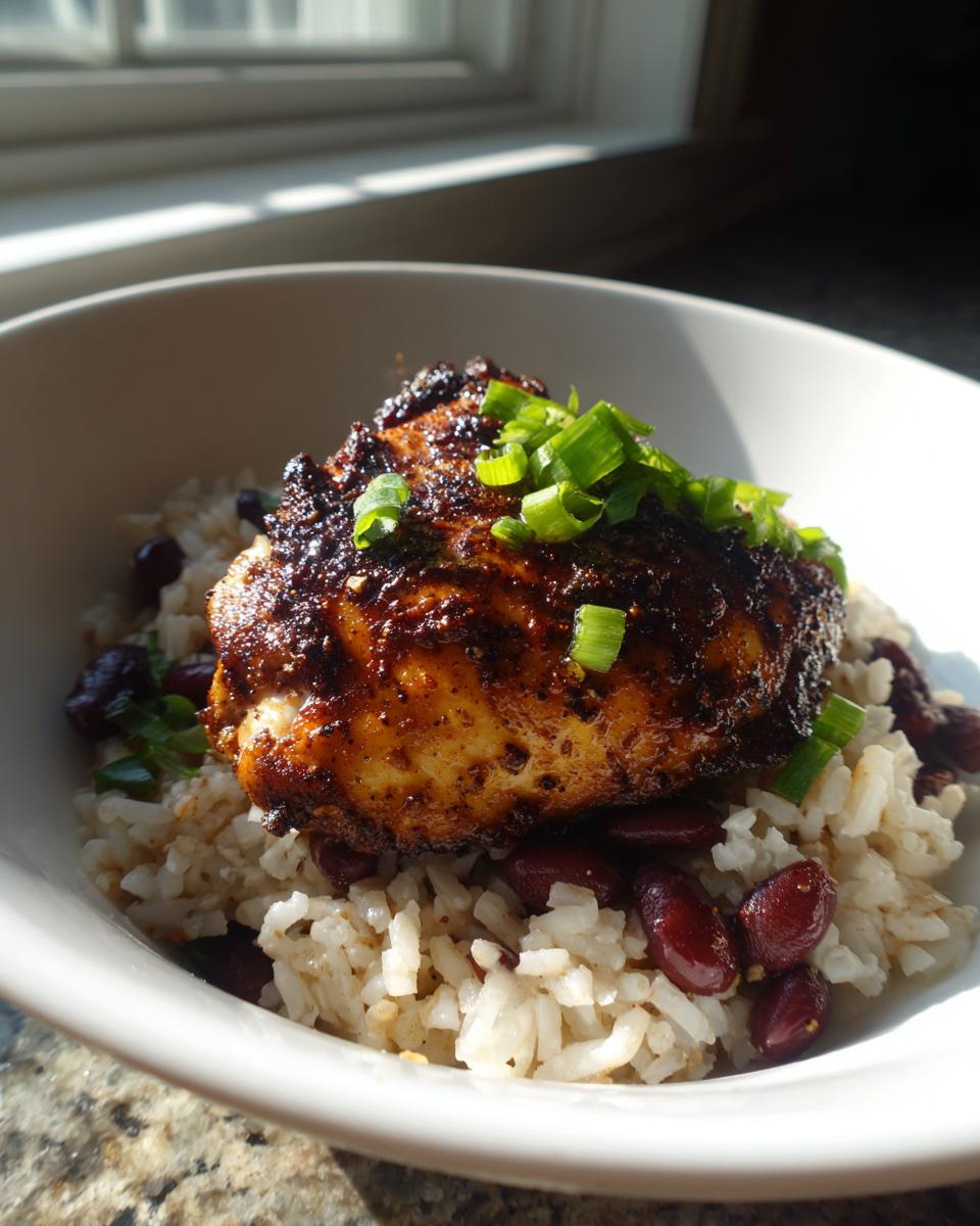 A piece of seasoned Jamaican jerk chicken served over rice and kidney beans, garnished with green onions.