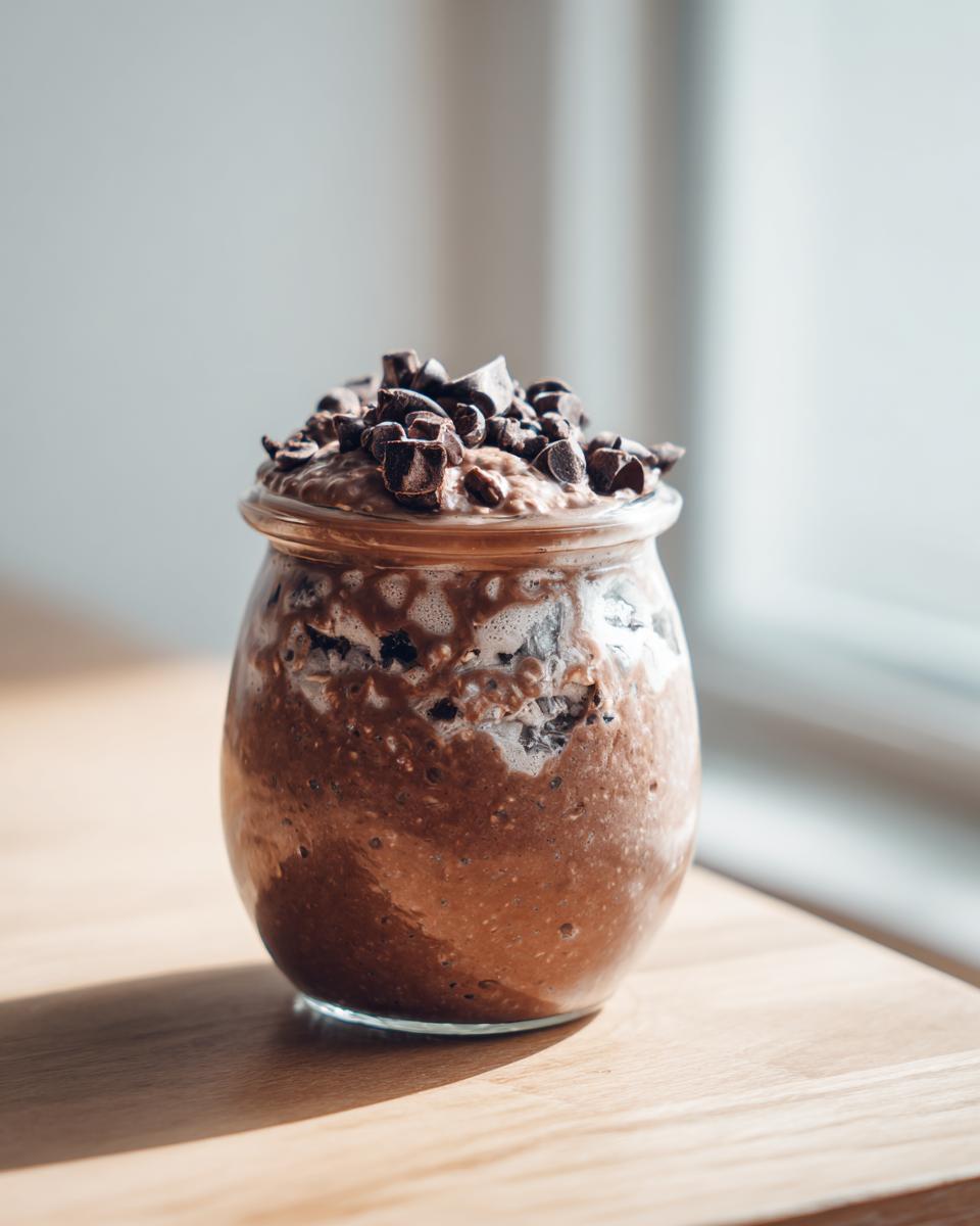 A glass jar filled with rich chocolate overnight oats, topped generously with dark chocolate chips.