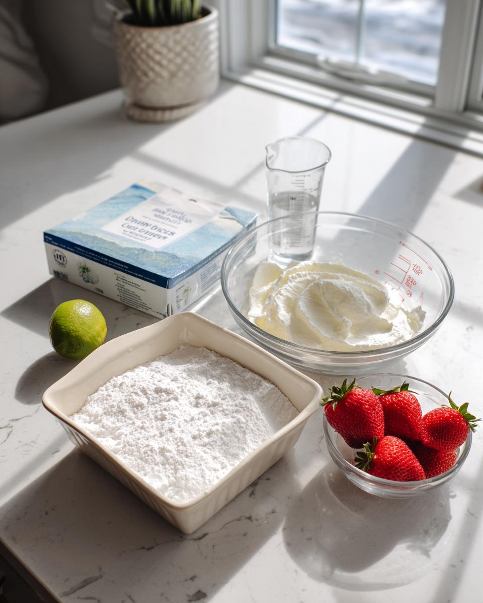 Ingredients laid out for a jello poke cake, including gelatin mix, powdered sugar, whipped topping, strawberries, and a lime.