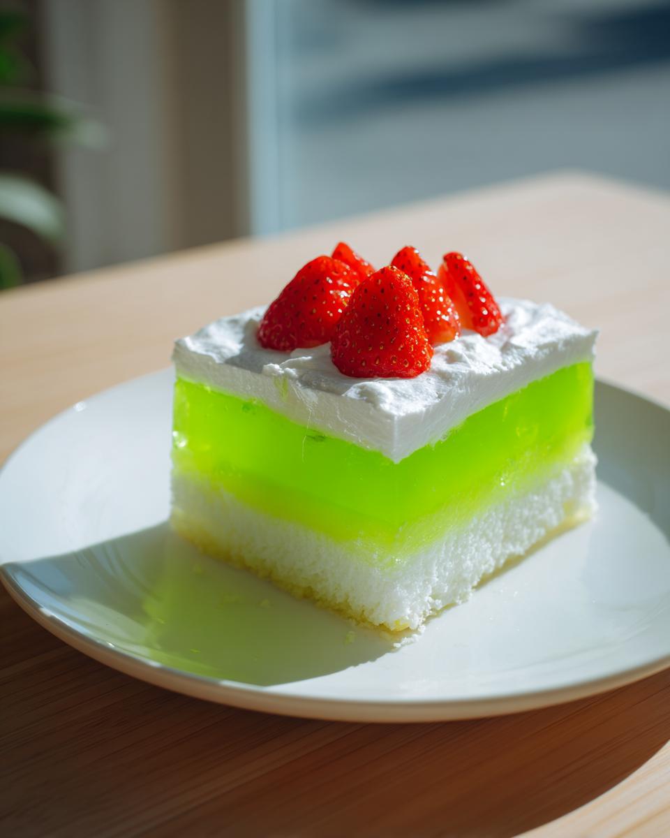 A square slice of moist jello poke cake featuring a bright green gelatin layer, white whipped topping, and fresh strawberries.