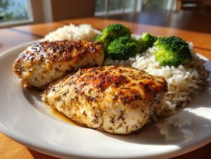 Two golden-brown, seasoned chicken breasts ready to eat, served alongside white rice and steamed broccoli, showcasing the results of the chicken marinade.