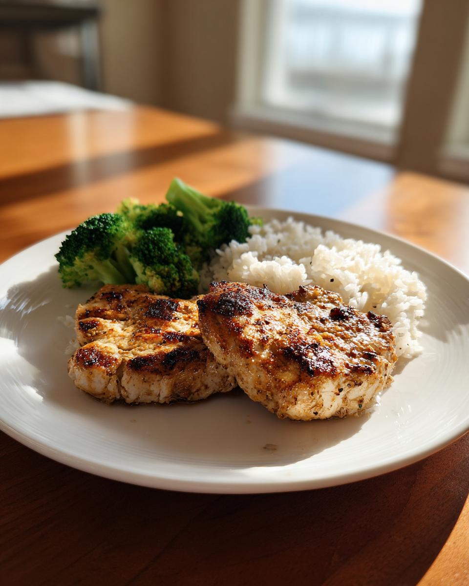 Two grilled chicken breasts, seasoned from a chicken marinade, served with white rice and steamed broccoli.