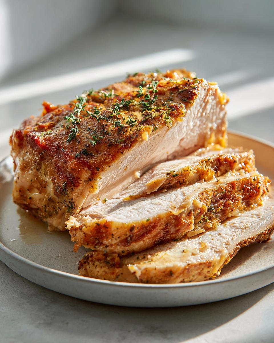 Slices of juicy slow cooker turkey breast with a golden, herb-crusted exterior on a light plate.