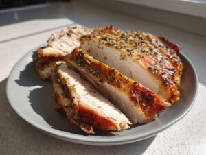 Slices of juicy slow cooker turkey breast, seasoned heavily with herbs, resting on a gray plate.