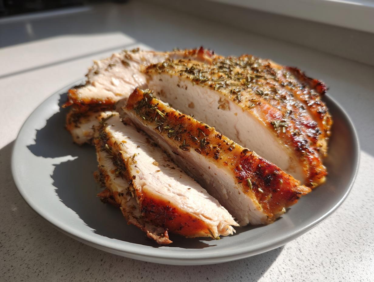 Slices of juicy slow cooker turkey breast, seasoned heavily with herbs, resting on a gray plate.