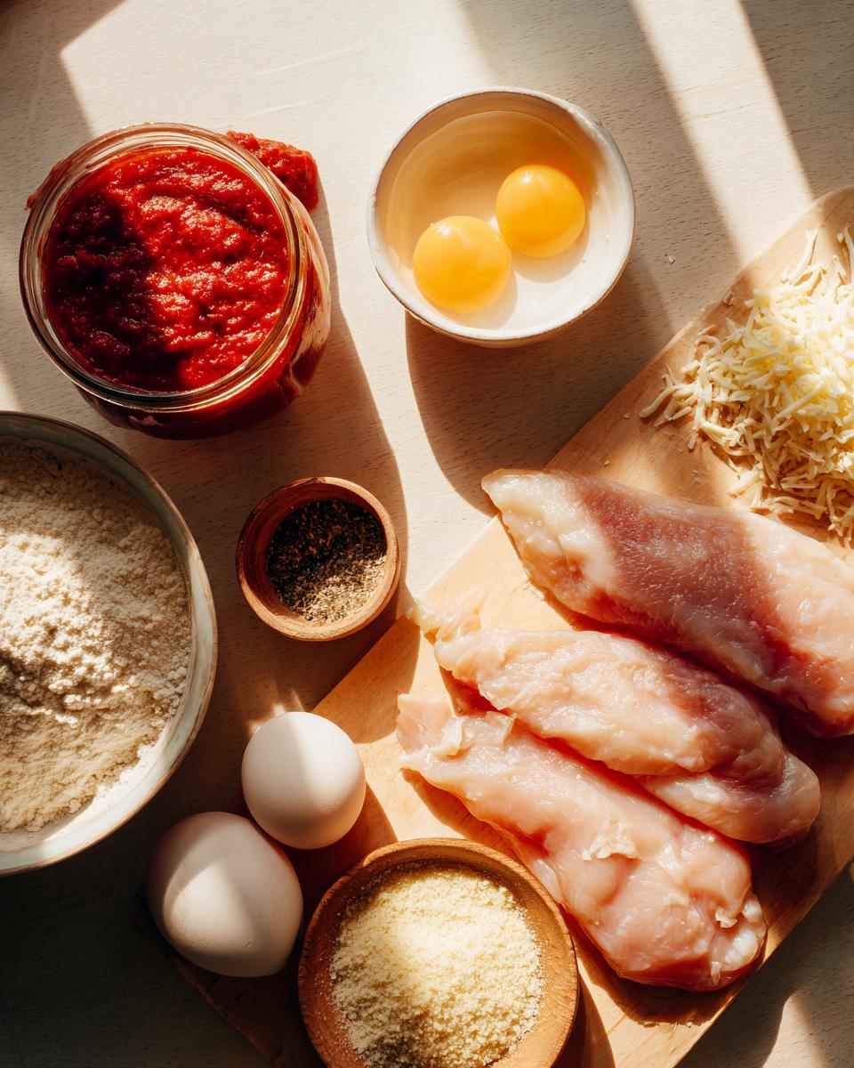 Overhead view of raw ingredients for keto chicken parmesan: raw chicken breasts, almond flour, tomato sauce, eggs, cheese, and spices.