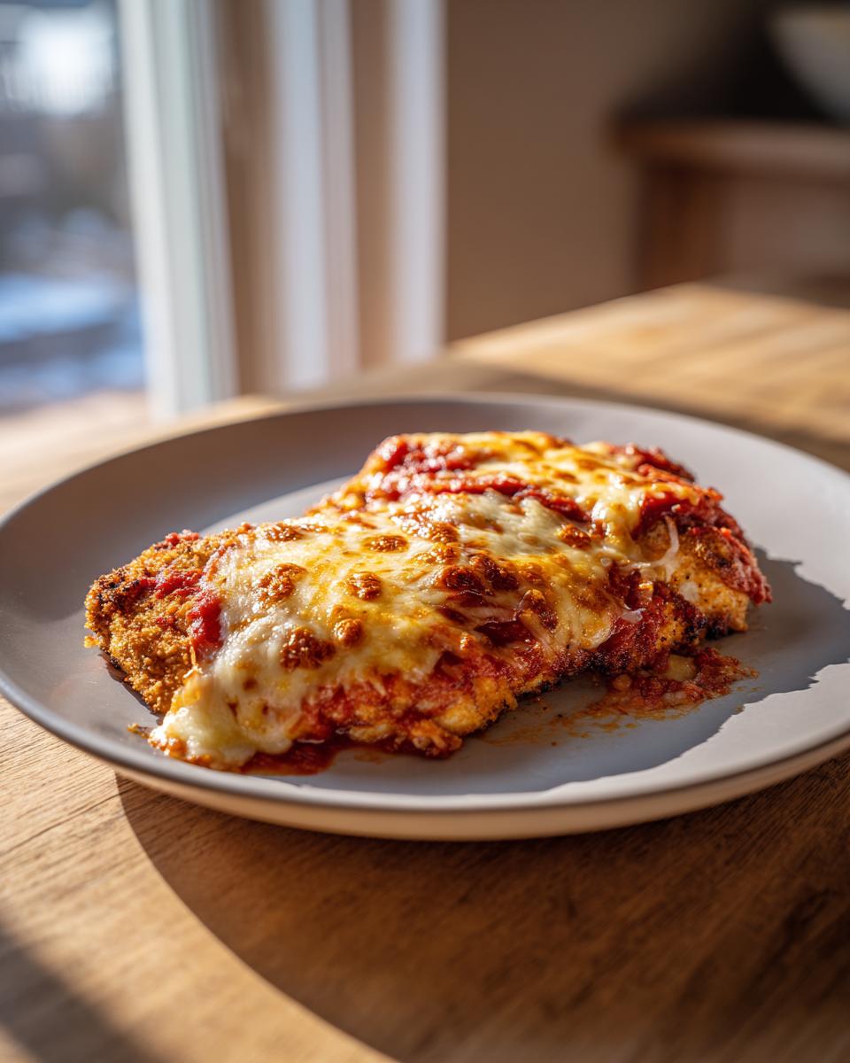 A perfectly baked serving of keto chicken parmesan topped with melted mozzarella and rich tomato sauce.