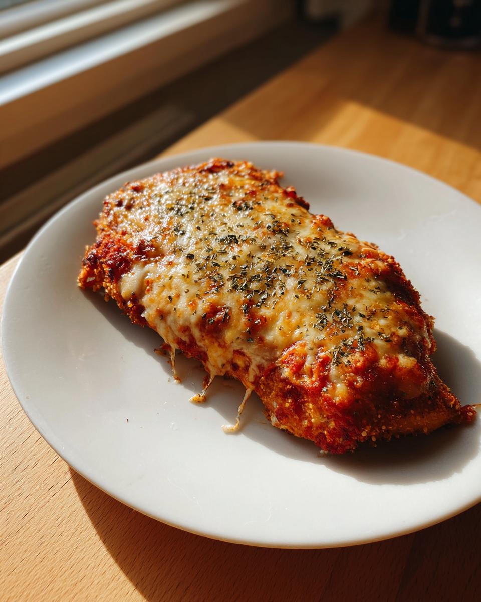 A perfectly cooked serving of keto chicken parmesan topped with melted mozzarella and herbs, sitting on a white plate.