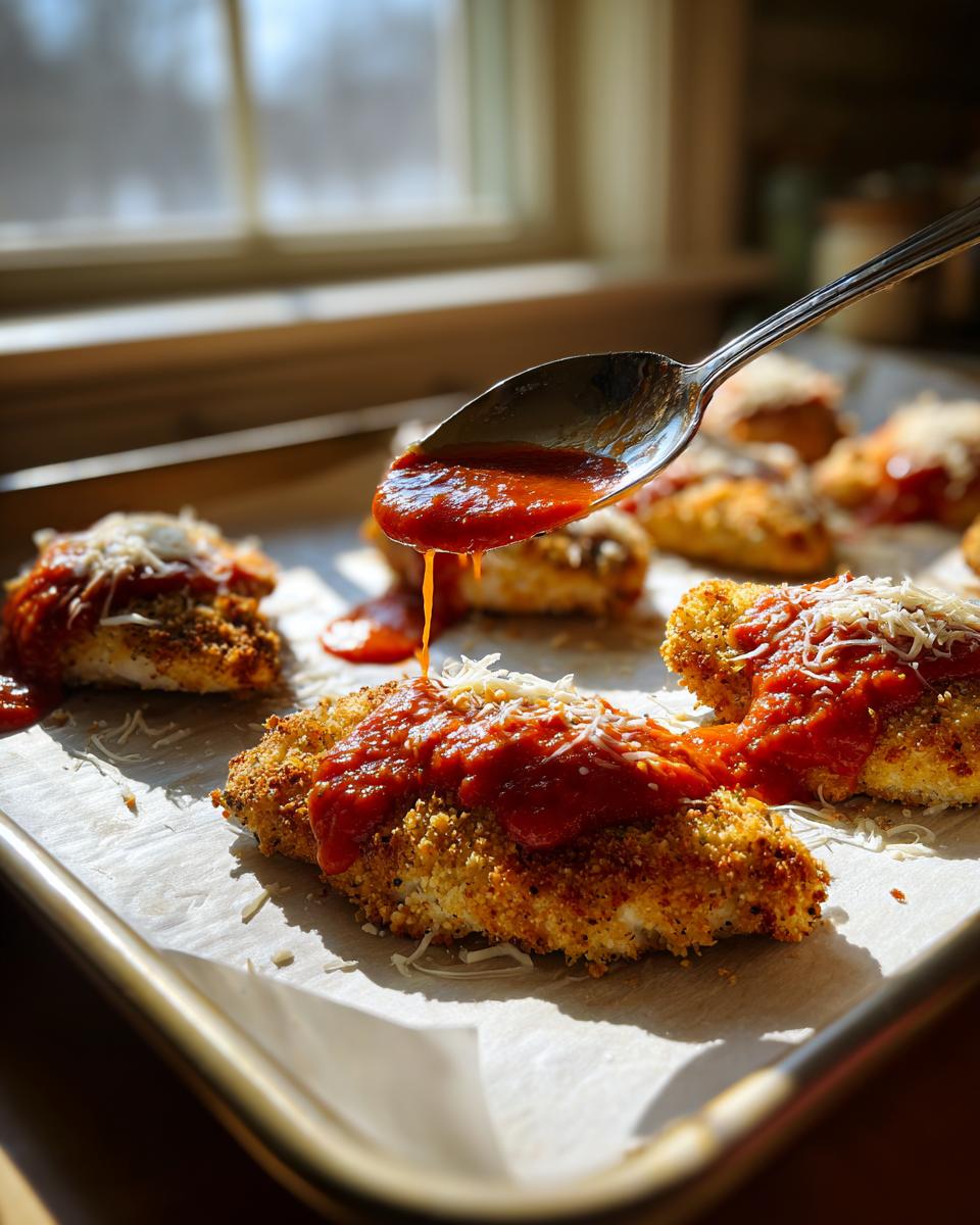A spoonful of marinara sauce is being drizzled over a breaded keto chicken parmesan fillet topped with shredded cheese.