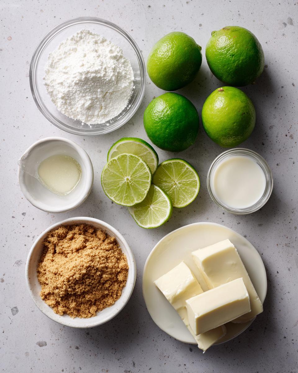 Overhead view of key lime cheesecake ingredients including fresh limes, powdered sugar, brown sugar, butter, and cream.