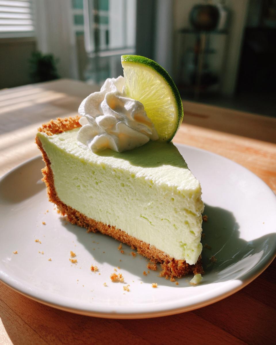 A bright slice of creamy key lime cheesecake with a graham cracker crust, topped with whipped cream and a lime wheel.