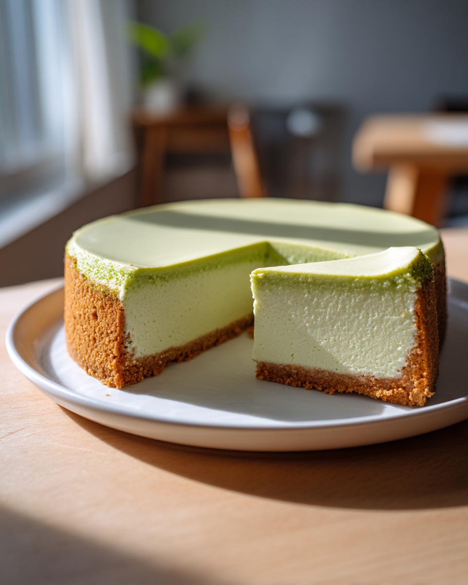 A slice cut from a whole key lime cheesecake showing the graham cracker crust and creamy green filling.