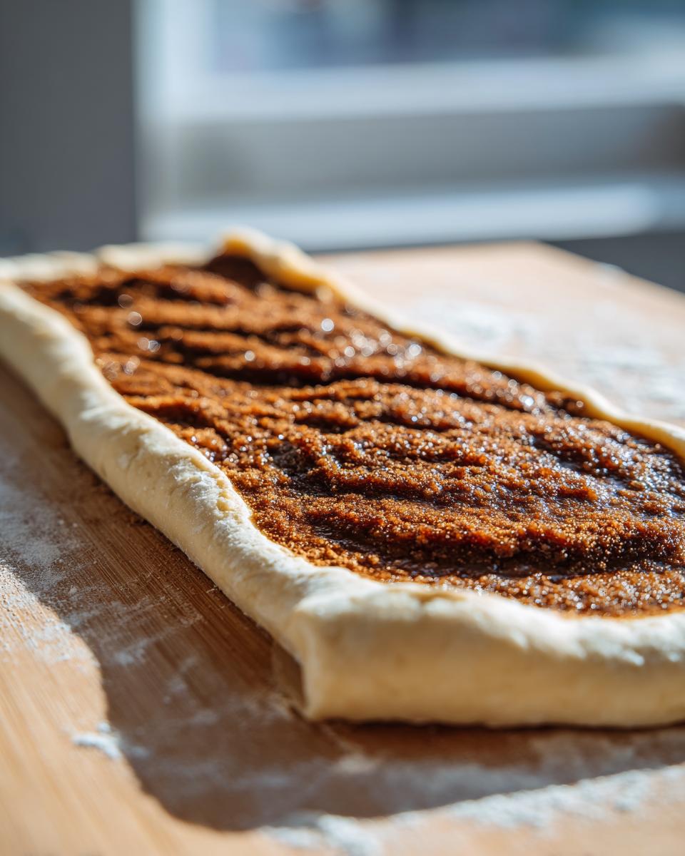 Unbaked dough for a King Cake spread with brown sugar cinnamon filling on a wooden board.