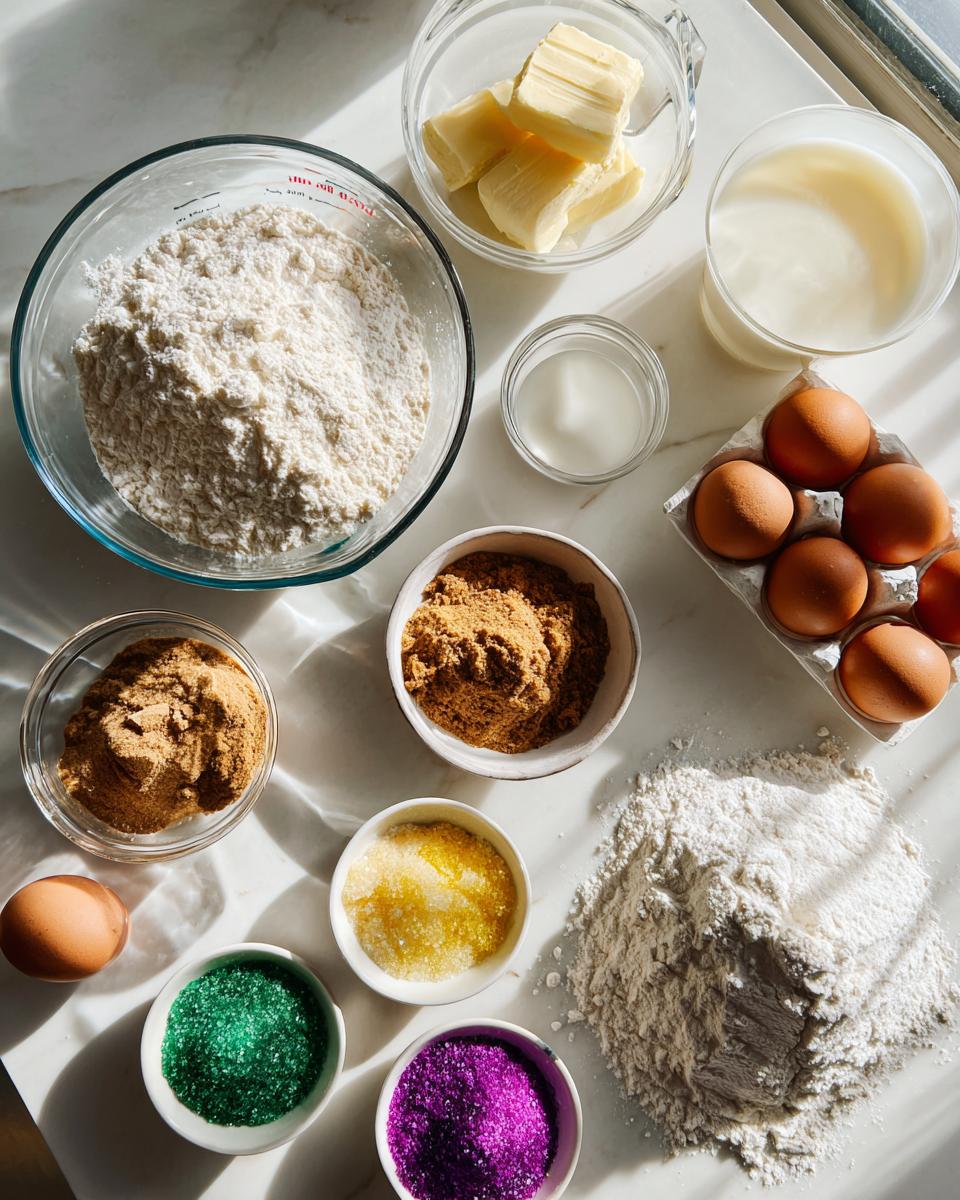 Overhead view of ingredients laid out for making King Cake, including flour, eggs, butter, sugars, and colored sprinkles.