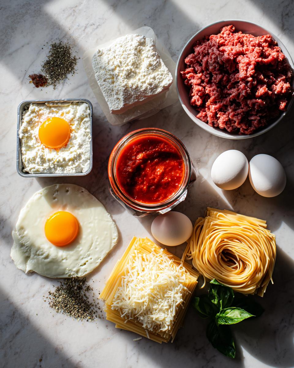 Overhead view of ingredients for Lasagna with Cottage Cheese, including ground meat, cottage cheese, sauce, eggs, and pasta.