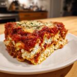 A thick, appetizing slice of Lasagna with Cottage Cheese, layered with pasta, rich red sauce, and topped with melted cheese and herbs.