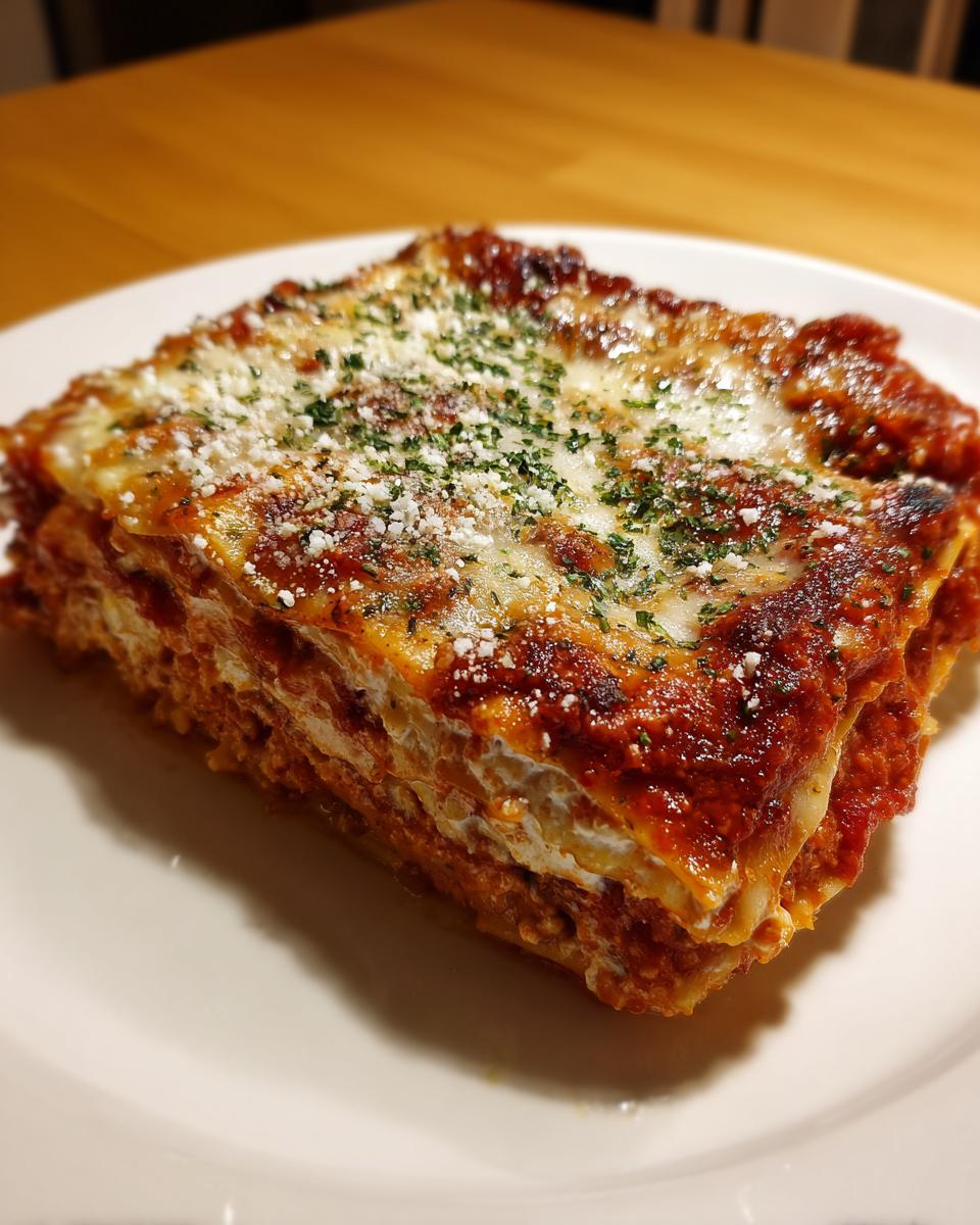 A delicious, layered slice of Lasagna with Cottage Cheese topped with melted cheese and herbs.