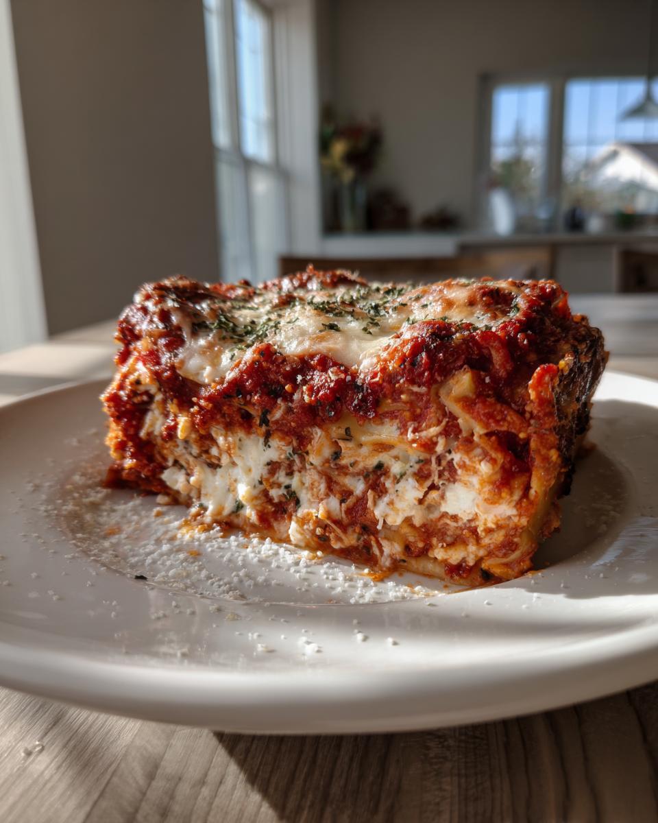 A generous slice of layered Lasagna with Cottage Cheese, topped with melted cheese and herbs, sitting on a white plate.