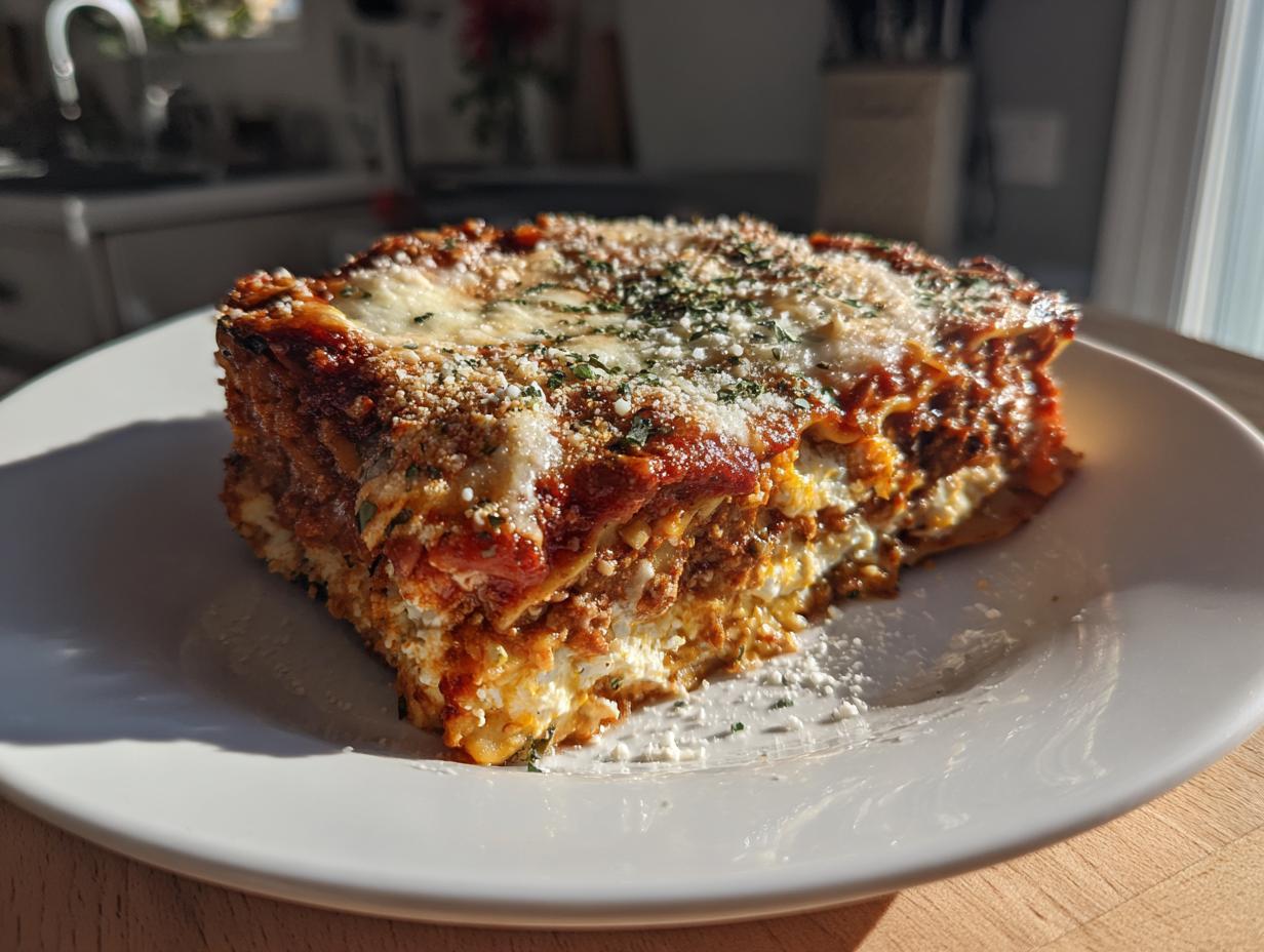 A thick, layered slice of Lasagna with Cottage Cheese topped with melted cheese and herbs, served on a white plate.