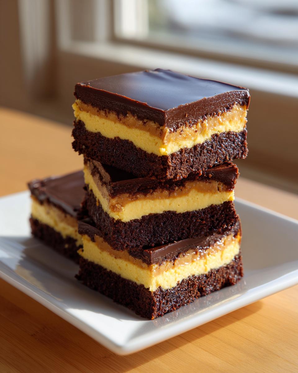 A stack of three rich, layered Buckeye Brownies featuring a dark chocolate base, peanut butter filling, and chocolate ganache topping.