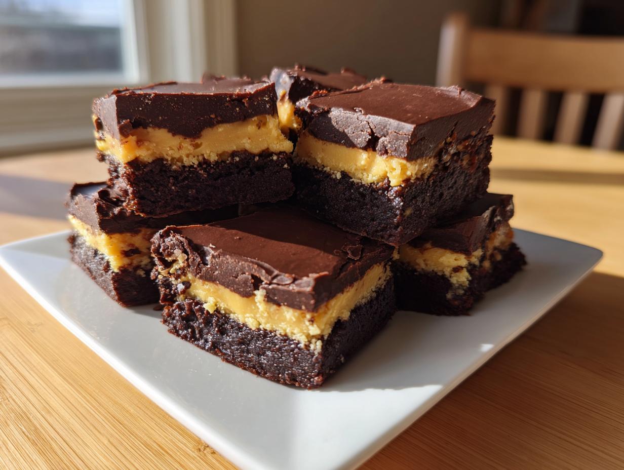 A stack of rich, three-layer buckeye brownies featuring a dark chocolate base, peanut butter filling, and chocolate ganache top.