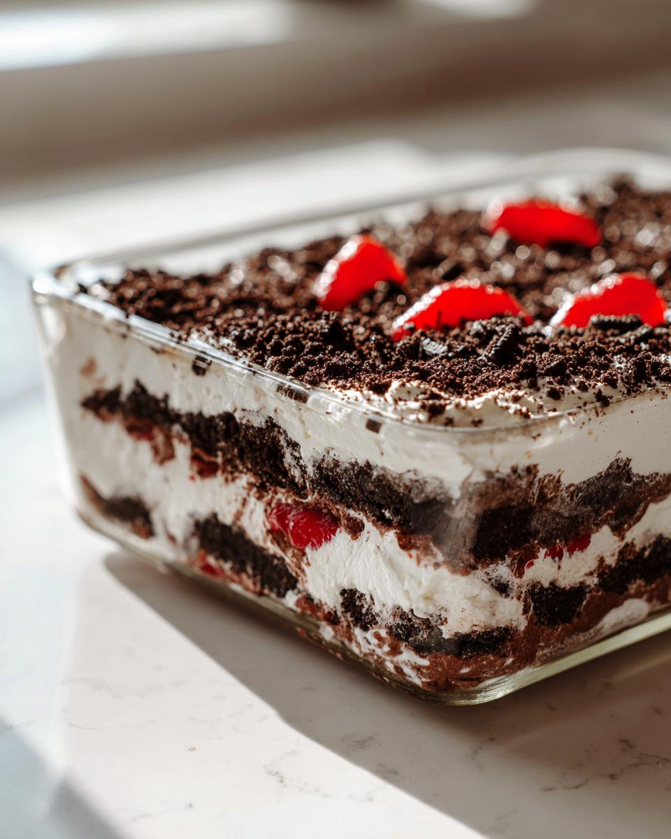 Close-up of a layered oreo dirt cake in a glass dish, topped with crushed cookies and red candies.
