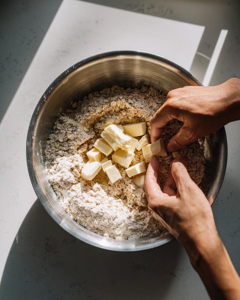 Hands cutting cold butter into flour and oats for the apple crisp recipe topping.