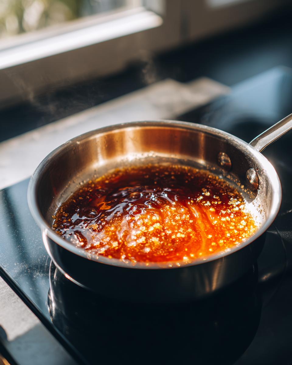 Close-up of bubbling, rich brown caramel sauce being made in a stainless steel pan for the caramel crunch cake.