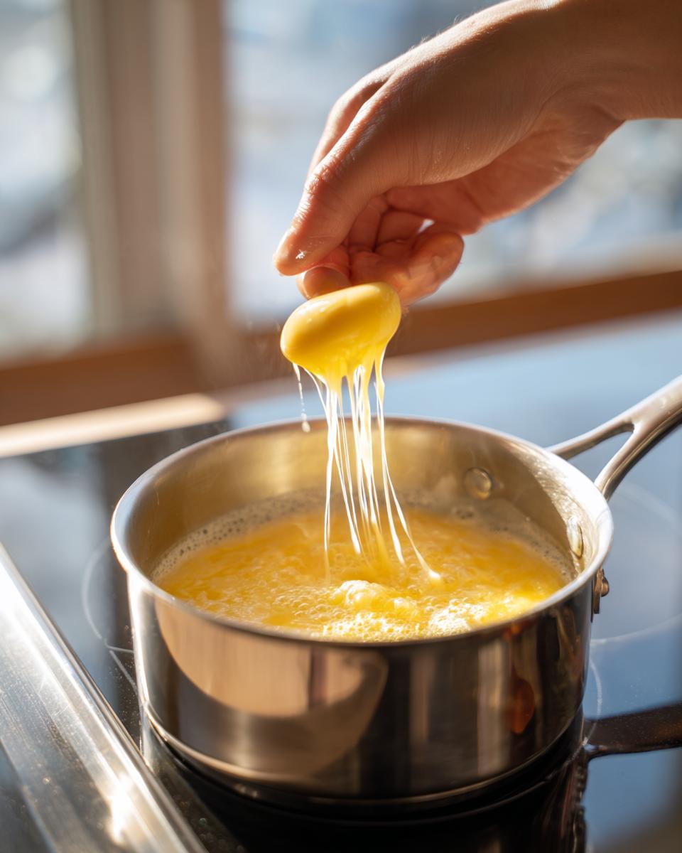A hand slowly drizzling whisked egg into boiling broth to create delicate strands for egg drop soup.