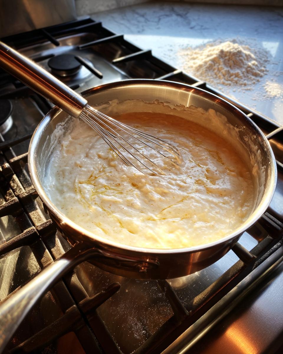 Whisking a creamy white sauce in a saucepan on a gas stove, likely for white chicken enchiladas.