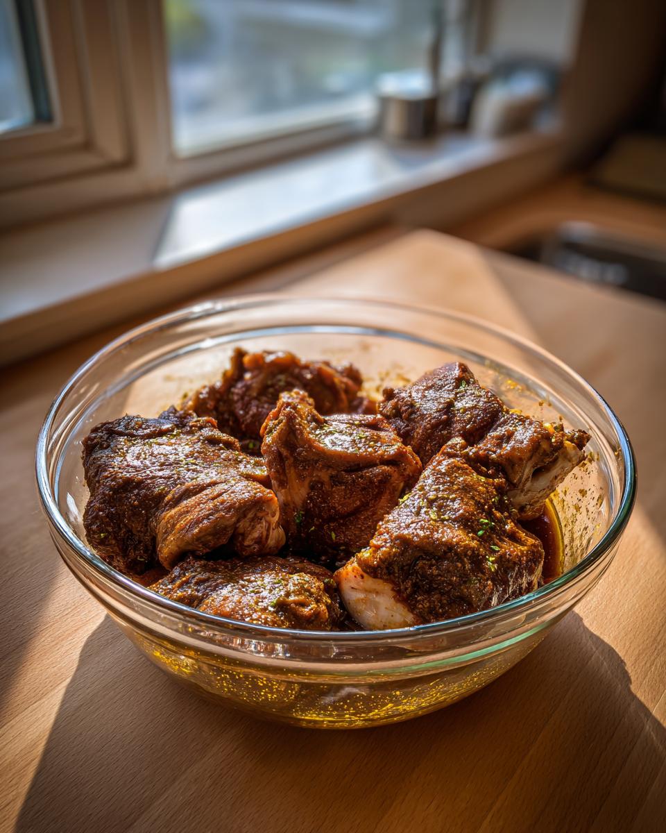 Close-up of raw chicken pieces heavily coated in dark, rich Jamaican Jerk Chicken marinade in a clear glass bowl.