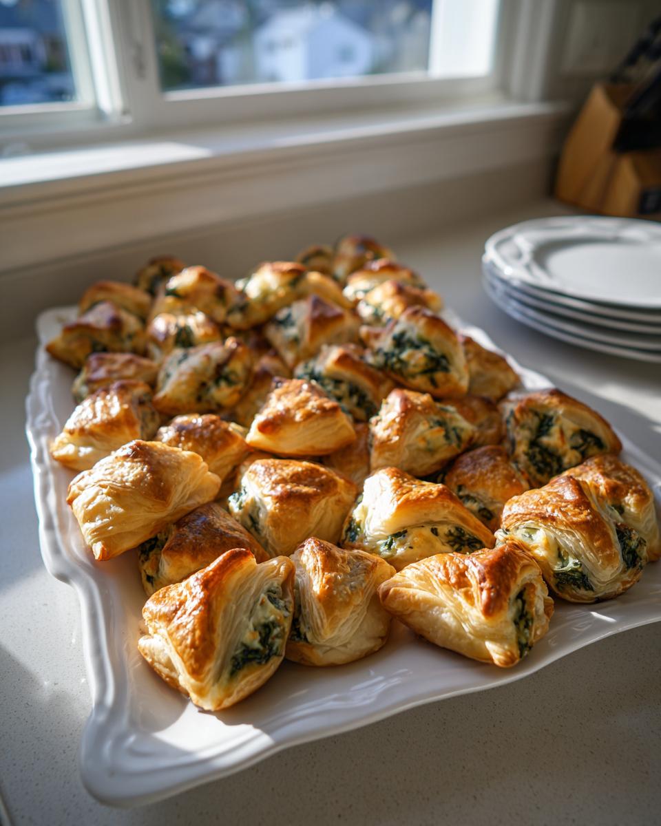 A large white platter filled with golden brown Mediterranean Spinach and Feta Cheese Crisps, catching sunlight near a window.