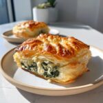 Close-up of a flaky, golden-brown Mediterranean Spinach and Feta Cheese Crisps pastry cut open to show the filling.