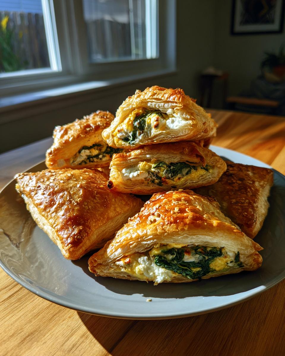 A stack of golden, flaky Mediterranean Spinach and Feta Cheese Crisps on a gray plate, showing the spinach and feta filling.