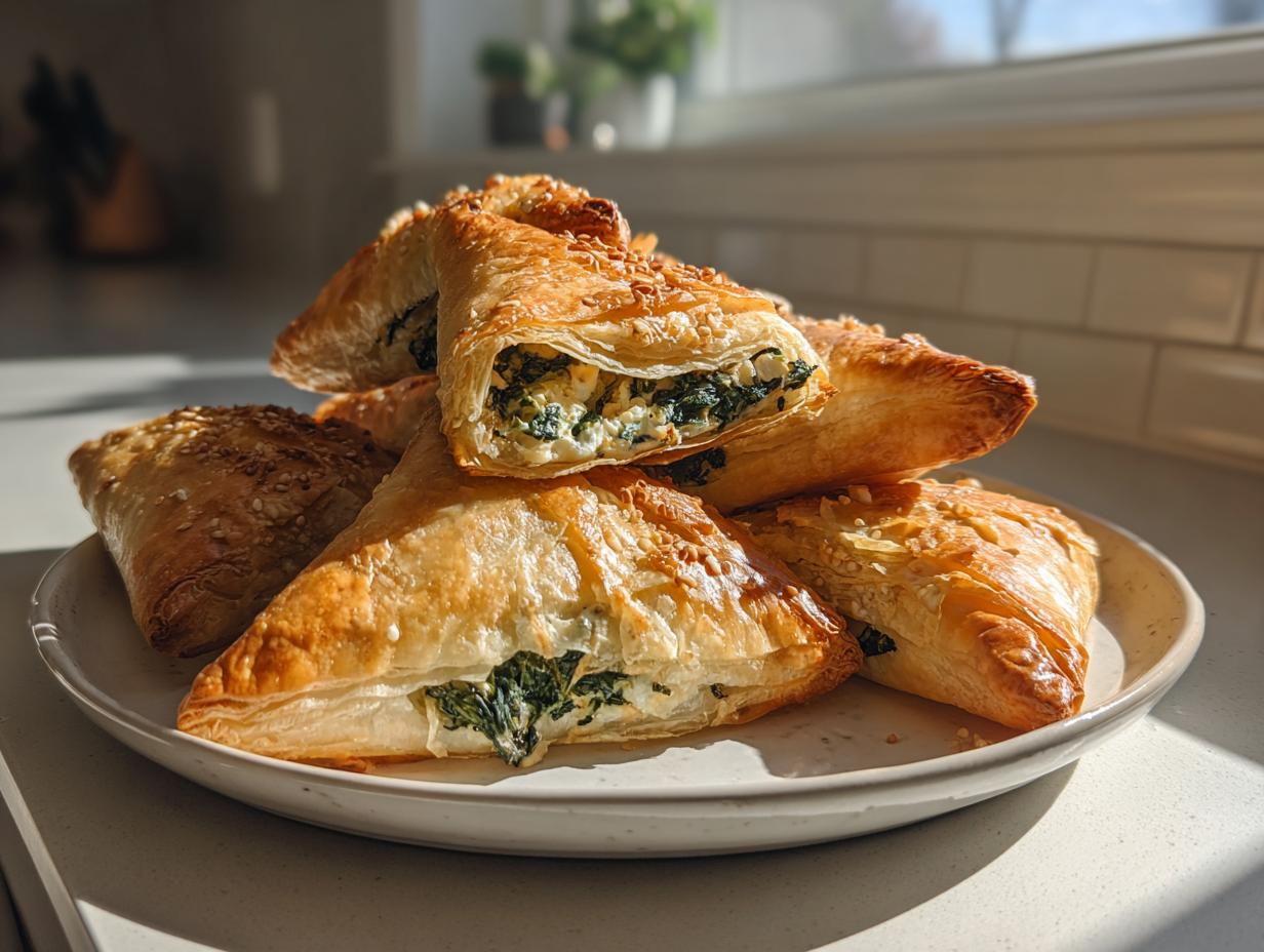 A stack of golden, flaky Mediterranean Spinach and Feta Cheese Crisps sprinkled with sesame seeds on a light plate.