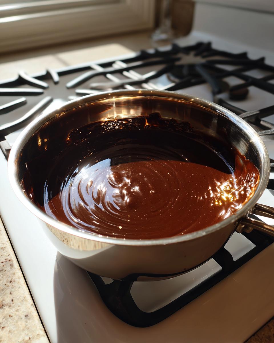 Shiny, melted dark chocolate mixture in a stainless steel pot on a stovetop, ready for the flourless chocolate torte.