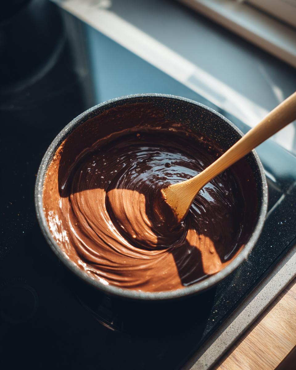Close-up of rich, melted chocolate being stirred with a wooden spoon in a saucepan, likely for peanut butter bars.