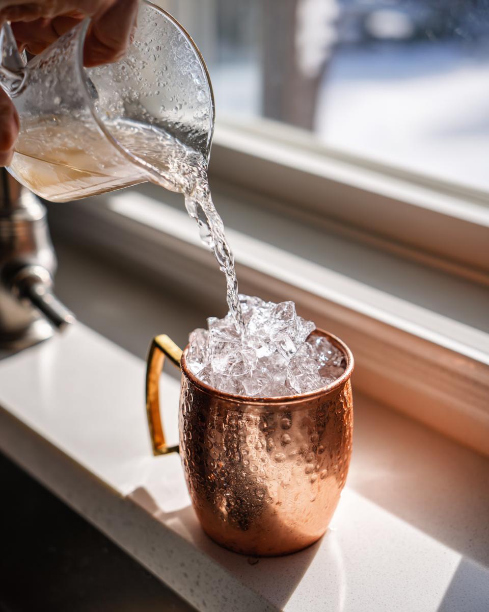 Pouring liquid over ice in a hammered copper mug to make an apple cider moscow mule.