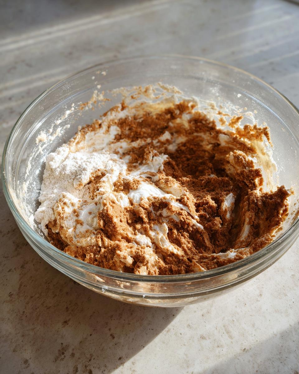 Glass bowl showing dry ingredients and wet mixture being combined for moist applesauce cake batter.