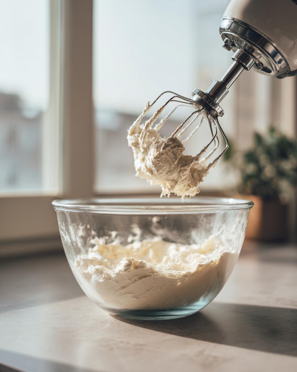 A hand mixer whisk lifts creamy white mixture from a glass bowl while preparing a base for chocolate dip.