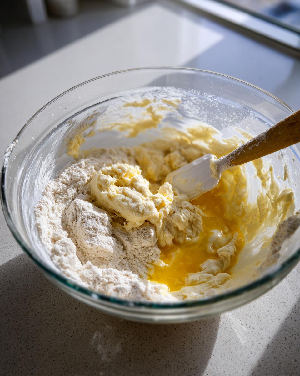 Mixing wet and dry ingredients in a glass bowl for moist blueberry muffins batter using a spatula.