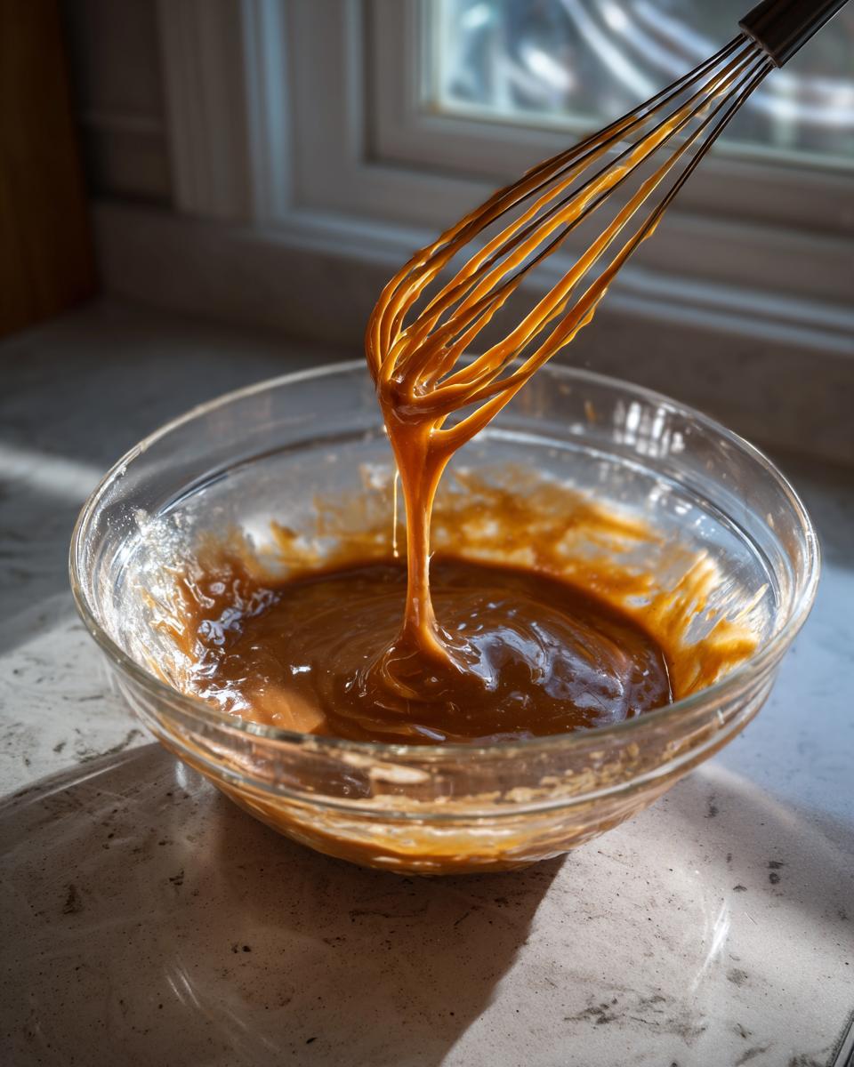 Close-up of thick, glossy brownie cookies batter dripping from a whisk into a glass bowl.