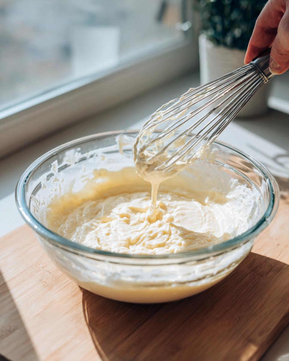Hand whisking thick, creamy batter in a clear glass bowl for the funnel cake recipe.