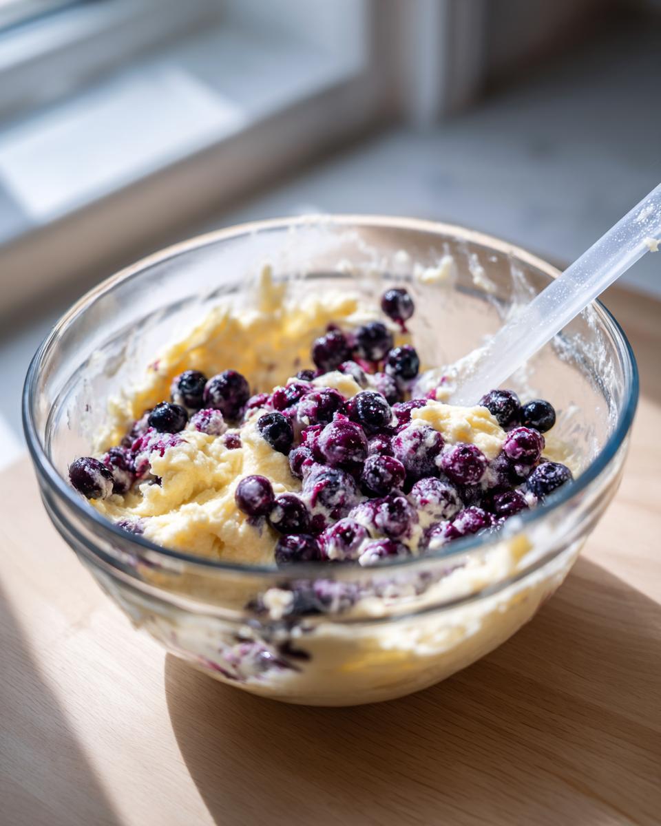 Close-up of fresh blueberries being folded into light yellow batter for blueberry banana bread in a glass bowl.