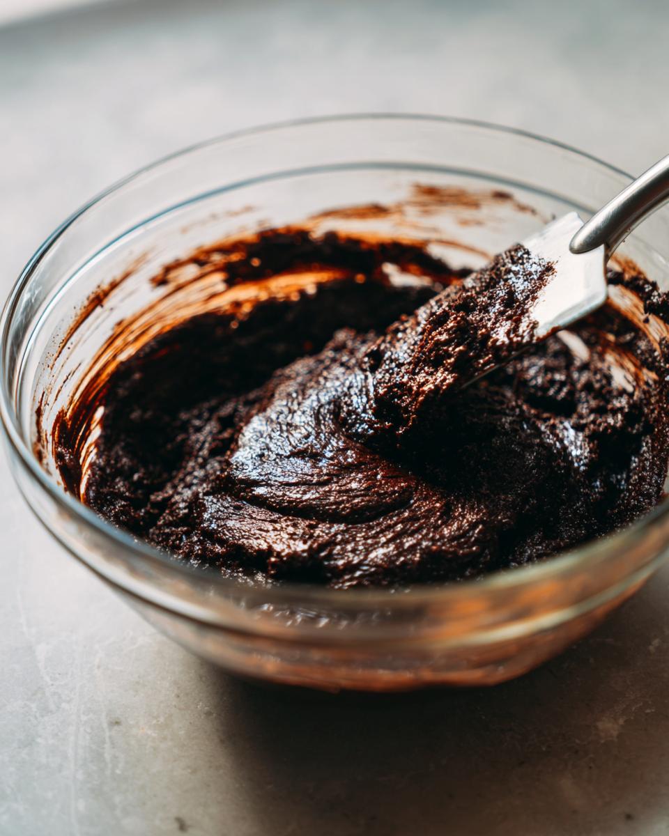 Close-up of thick, glossy chocolate batter being mixed for brownie cookies in a clear glass bowl with a spatula.