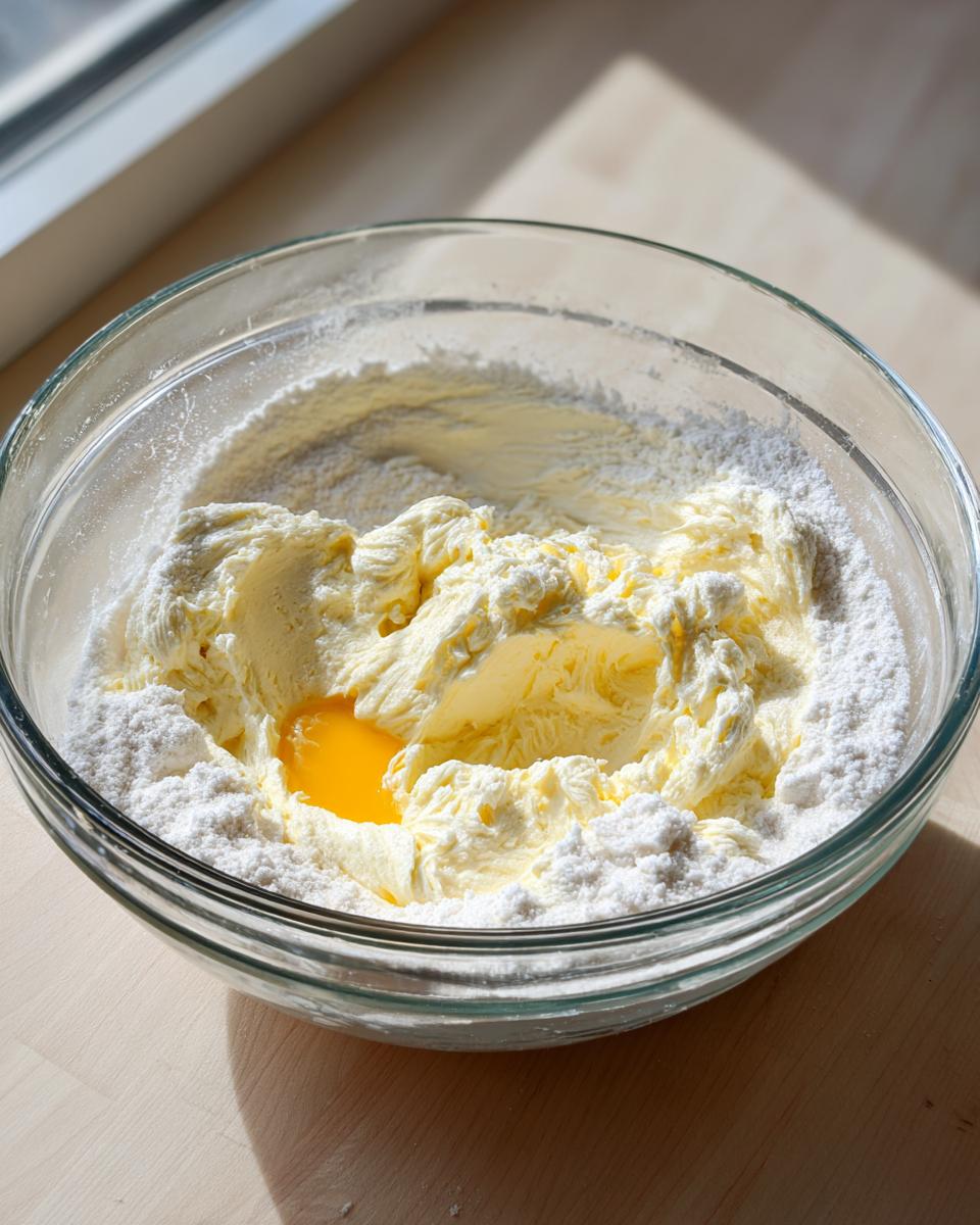 A glass bowl containing creamed butter, flour, and a raw egg yolk, ready for mixing into blueberry banana bread batter.