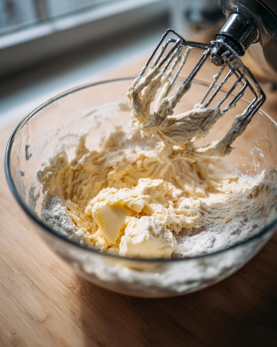 Mixing butter, sugar, and flour in a glass bowl using a stand mixer attachment for the best banana bread recipe.