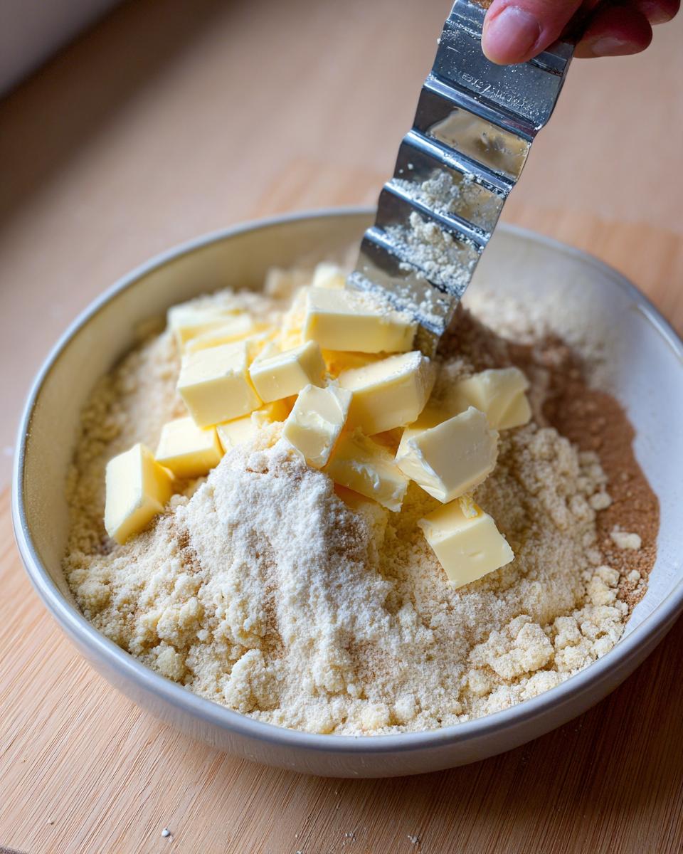 Mixing cold butter cubes into flour and sugar mixture for apple crumb cake topping.