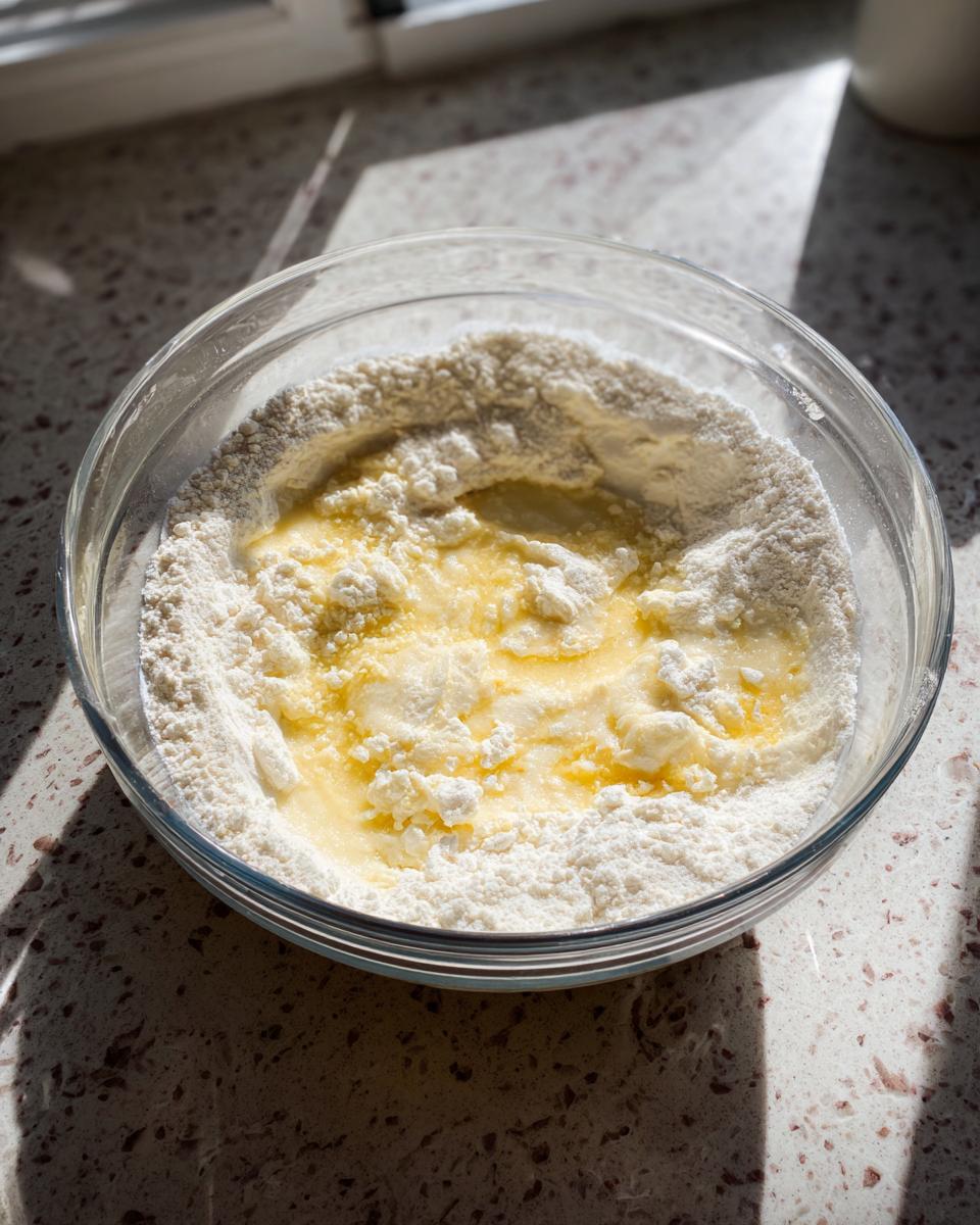 A glass bowl containing flour with melted butter being added, the first step for making banana pancakes batter.