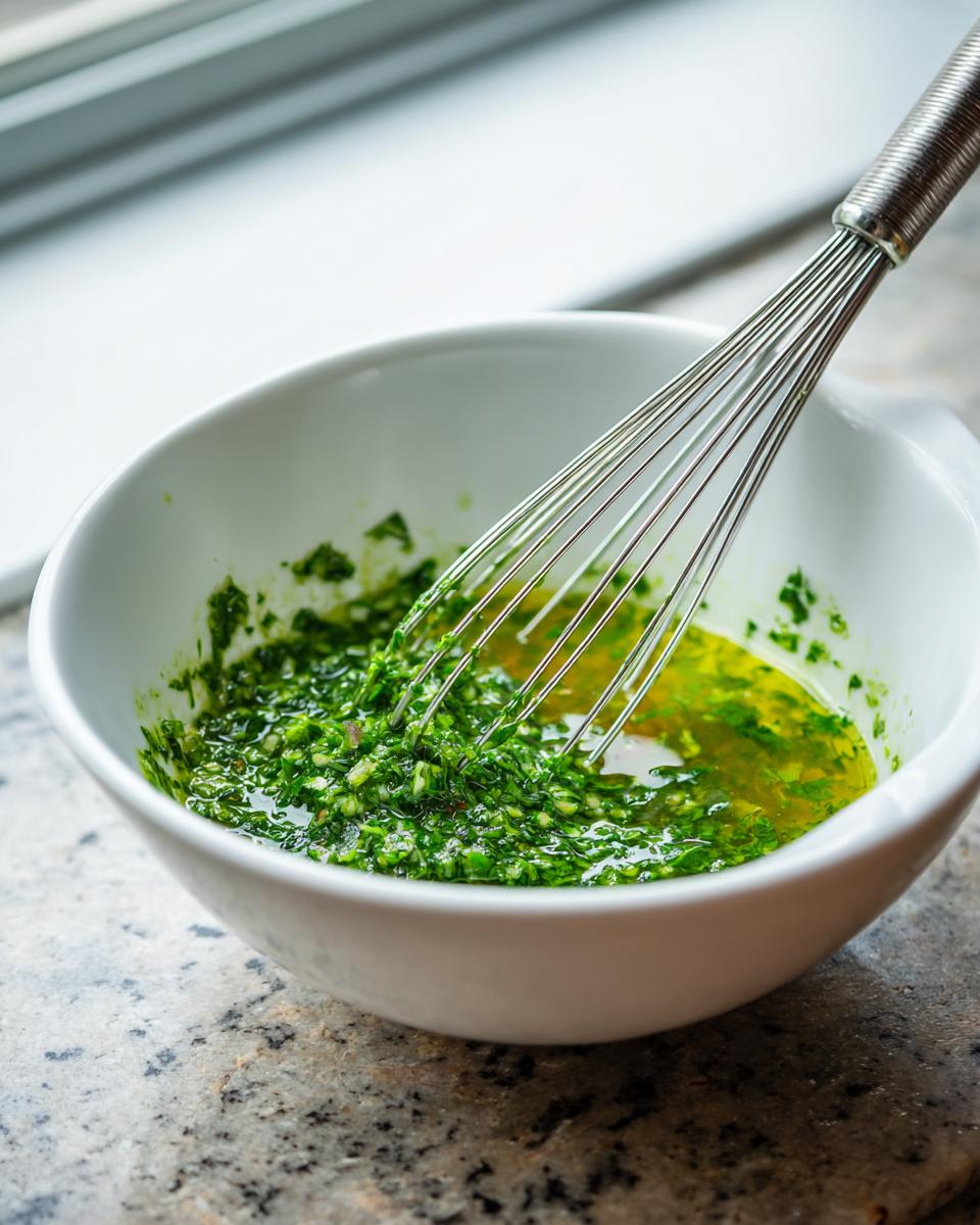 A metal whisk mixing bright green herbs and oil in a white bowl for a carne asada marinade.